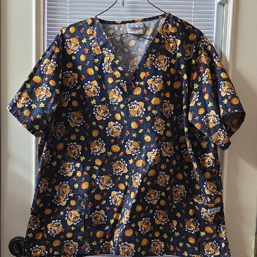 Smart Scrubs Navy Turkey Print Scrub Top